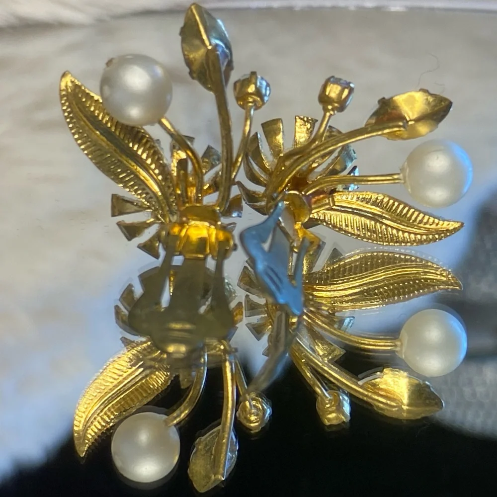 Vintage Austria Gold Tone Clip-on Earrings with Faux Pearl & AB Crystals.